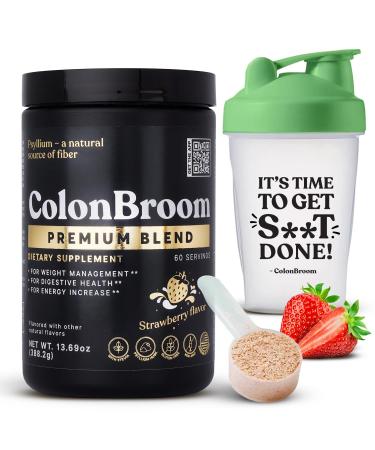 ColonBroom Premium Psyllium Husk Powder (Strawberry 60 Servings) + Shaker Bottle for Colon Broom Fiber Powder Drink Bundle - Colon Cleanse for Bloating Relief & Gut Health - Fiber Powder Supplement