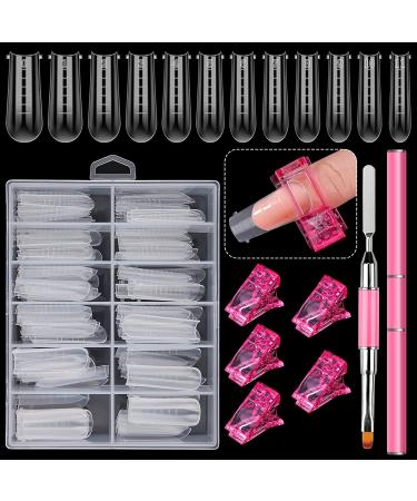 EBANKU Dual Nail Forms Set with 120 Piece Dual Nail Forms Poly gel Coffin Nail Mold 1Pcs Pink Poly gel Dual-Ended Nails Brush 5Pcs Pink Dual Form Nail Clips for Acrylic Nails Extension Nails Clear