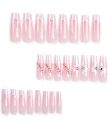 Long French Tip Press on Nails Silver Edge Sparkling Pink Flower Gradient Rhinestones False Nail Armor Press On Nails with Nail Tips press on nails Acrylic False Nails Cute Artificial Nails - Buy Online on GoSupps.com