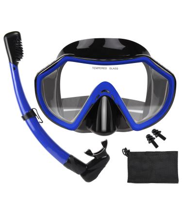 PIYAZI Snorkeling Gear for Adults 180 Panoramic Snorkel Mask and Dry Top Snorkel Set Anti-Fog Wide View Scuba Diving Package with Travel Bag Ear Plug for Snorkeling Scuba Diving Swimming Blue