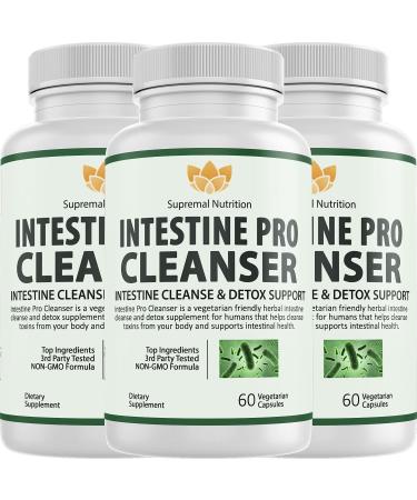 Supremal Nutrition (3 Pack) Intestine Pro Cleanser Cleanse and Detox Digestive Supplement Intestinal Support for Humans Guard People Intestines 60 Capsules for Adults para Pills White
