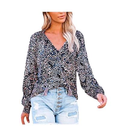 Oversized T Shirts for Womens Lantern Long Sleeve Shirts Bohemian Style Blouse Loose V Neck Drawstring Tops 2-black Medium