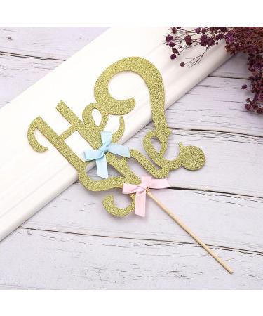 He or She Cake Topper Gold Glitter Gender Reveal Topper with Pink Blue Bows for Baby Shower Gender Reveal Party Decorations by Topfunyy - Buy Online on GoSupps.com