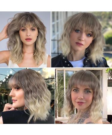 Gradient Blonde AISI HAIR Synthetic Wavy Curly Bob Wig with Bangs - Shoulder Length Ombre Wig for Women - Buy Online on GoSupps.com