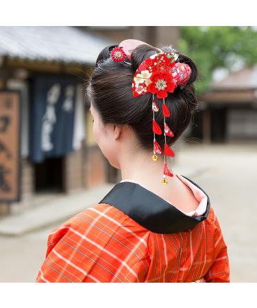 Japanese Hair Clip for Women | Kimono Tassel Hairpin & Tsumami Flower Scrunchie - Red Rot | International Shipping Available - Buy Online on GoSupps.com