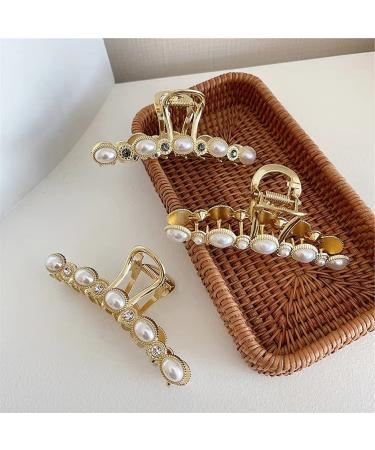 Agirlvct Pearl Hair Clips Gold Hair Claw Clip Strong Hold Big Fancy Hair Jaw Clips Nonslip with Rhinestone and Pearl Summer Claw Clips Styling Birthday Gift for Women Girls Long Thick Hair(3 Pack) Style 1