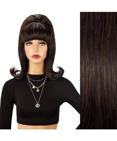 LONAI Retro Brown Wig with Bangs | 50s 60s 70s Style | Synthetic Hair for Costume Party | Dark Brown Halloween Wig - Buy Online on GoSupps.com