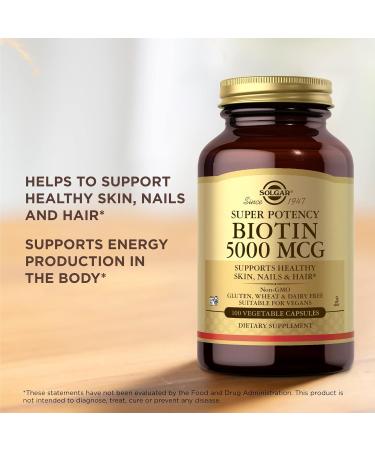 Solgar Biotin 5000 mcg - 100 Vegetable Capsules - Supports Healthy Skin Nails & Hair - Non-GMO Vegan Gluten Free Dairy Free Kosher - 100 Servings 1 Count (Pack of 100) - Buy Online on GoSupps.com