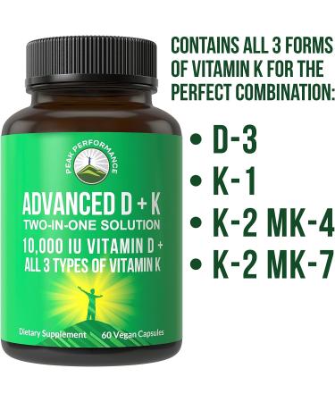 Peak Performance Advanced Vitamin D 10000 IU with Vitamin K Capsules | 60 Small Easy-to-Swallow Pills | D3, K2, K1, MK-7, MK-4 Supplement - Buy Online on GoSupps.com