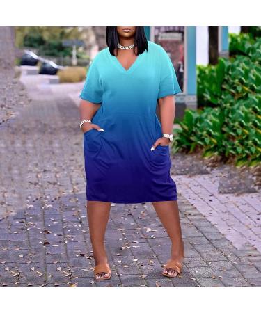 Fudule Plus Size Short Sleeve Summer Dress with Pockets | Casual Midi Dress (Blue, XL) - Buy Online on GoSupps.com