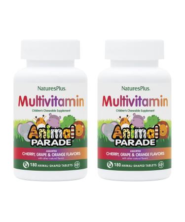 NaturesPlus Animal Parade Children's Chewable Multivitamin - 180 Animal-Shaped Tablets Pack of 2 - Natural Assorted Flavors - Vegan Gluten Free - 180 Total Servings 180 Count (Pack of 2)