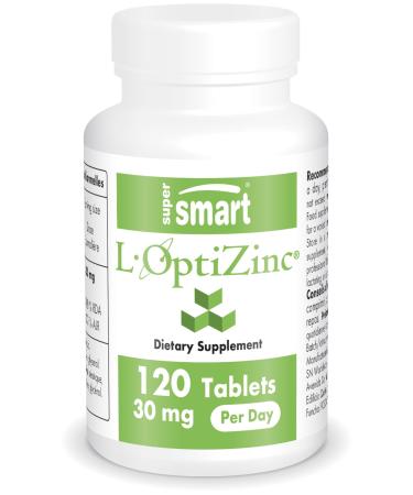 Supersmart - L-OptiZinc 30mg per Day (Highly Bioavailable) - Zinc Methionine Supplement - Mild Acne & Immune Support - Skin Health & Antioxidant | Non-GMO & Gluten Free - 120 Tablets