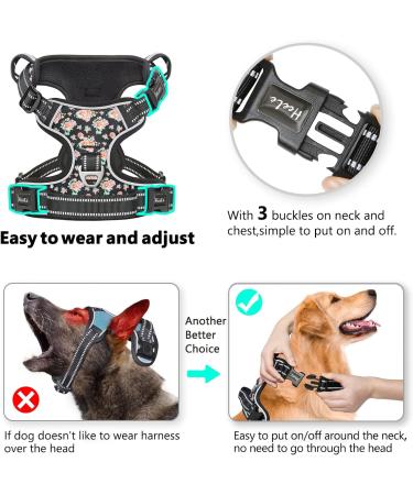 Heele Dog Crockery & Adjustable Reflective Anti-Pull Harness for Medium Dogs - Softly Breathable Padded Handle Floral-Black Design | XS Size (33-43cm) - Buy Online on GoSupps.com