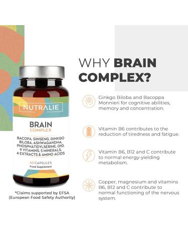 Nootropic Brain Supplement - Memory - Concentration - Energy - Focus - Ginkgo Biloba - Bacopa Monnieri - Choline L-Tyrosine Ginseng + Vitamins - Brain Complex Booster 60 Nutralie Capsules - Buy Online on GoSupps.com