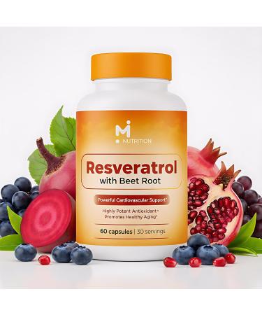 Resveratrol Supplement - 98% Pure Resveratrol Beet Root Capsules Green Tea Vitamin C & Grape Seed Extract Advanced Antioxidant Formula for Anti-Aging & Cardiovascular Support (60 Capsules)