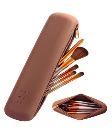 GOLIKEE Travel Makeup Brush Holder Silicon Cosmetic Brush Bag Case with Zipper Brushes No Fall Out Soft and Portable Make Up Pouch Organizer for Travel Brown