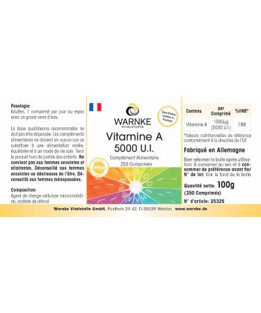 Buy Vitamin A 5000 I.E - High Dose Vegan Tablets - 1500 g Retinol - 250 Tablets | Warnke Vital Substances - German Pharmacy Quality - Buy Online on GoSupps.com