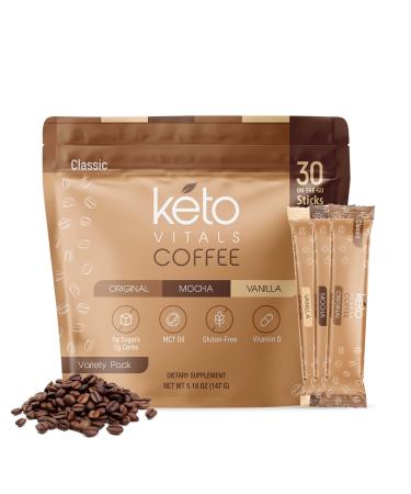 Keto Vitals Instant Keto Coffee Powder - Low-Calorie Sweetened Instant Coffee Packets, Single Serve - Keto Coffee Instant Mix in Original, Vanilla, & Mocha Flavors - 30 Count Sweetened - Assorted