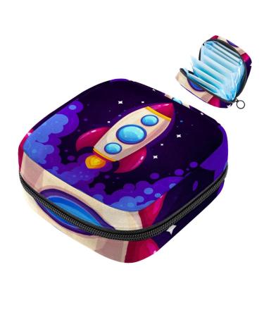 Menstruation pad bag with zipper women's napkin bag tampons collection bags for women and girls (space cartoon rocket)