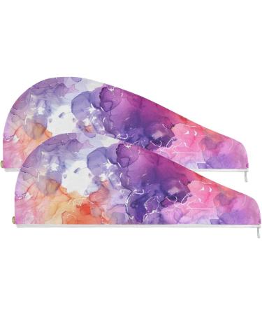 Super Absorbent Purple Red Orange Marble Hair Towel 2 Pack - Quick Dry Hair Turbans with Button Wrap for Women & Girls - Buy Online on GoSupps.com