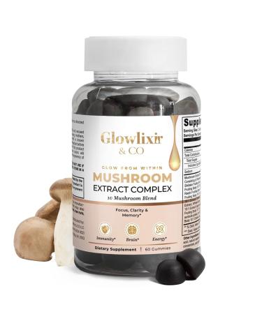 GLOWLIXIR & CO Mushroom Gummies 10X Mushroom Complex with Lion s Mane Reishi Chaga & Cordyceps Focus Memory Energy and Immune Support Vegan Natural Berry Flavor Non-GMO 60 Gummies