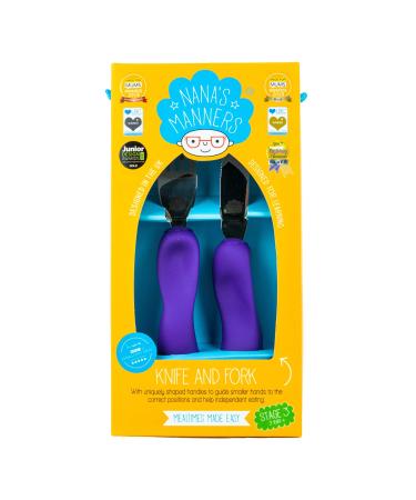 Nana s Manners - Stage 3 Cutlery Set Childrens Knife & Fork Set Self-Feeding Childrens Cutlery Kids Cutlery Set for Ages 3 & Up Easy-to-Grip Silicone Handles Non-BPA Purple