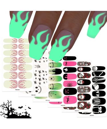 6sheets Halloween Nail Wraps Gel Nail Stickers Glow in The Dark Nail Polish Stickers Full Nail Wraps Self Adhesive Ghost Skeleton Stick on Halloween Nails