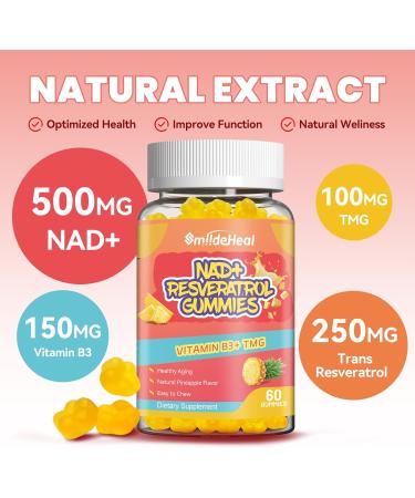 NAD+ Resveratrol Gummies NAD+ Supplement 500mg with Vitamin B3 & TMG Healthy Aging Energy & Cellular Health Support Vegan Friendly Natural Pectin 60 Gummies 30-Day Supply 60 Count (Pack of 1) - Buy Online on GoSupps.com