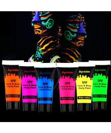 Depvision Glow in the Dark UV Face and Body Paint 6*10ml Neon Blacklight 0.34oz Reactive Fluorescent for Christmas Halloween Party Non-toxic