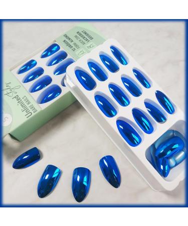 24Pcs Blue Chrome Press-On Nails | Glossy Sparkly Gel Glue-On Nails | Medium Almond Acrylic Manicure Art for Coquette Women - Buy Online on GoSupps.com