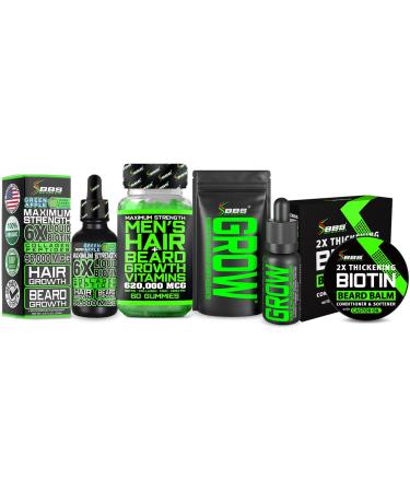 Beard Growth Kit w/ 2X Thickening Biotin Balm & Mustache Wax + Hair Growth Vitamins for Men + Grow XXL Beard Oil for Men + 6X Liquid Biotin with Collagen Peptides - Formulated in America