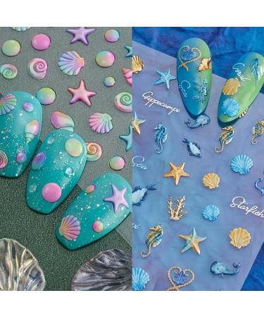 5 Sheets 5D Embossed Seashell Starfish Nail Art Stickers Self-Adhesive Marine Life Nail Decals Summer Ocean Design DIY Decorations
