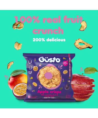 GUSTO SNACKS Crunchy Apple Crisps with Passion Fruit Juice - Case of 12 (20g) - 100% Dried Fruit Snacks - No Added Sugar High in Fibre Vegan Vegetarian Low Calorie Gluten free Nut & Fat Free Passion fruit & Mango wonky Apple Crisps - Buy Online on GoSupps.com