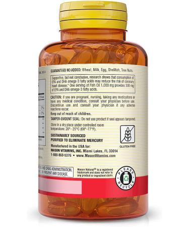 MASON NATURAL Fish Oil 1000mg | 300mg Omega-3 | Heart Health Support | Circulatory Function | Cardiovascular Health | 200 Softgels - Buy Online on GoSupps.com