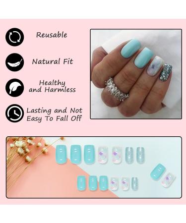 24Pcs Short Light Blue French Tip Press On Nails Set | Glossy Stick On Nails with Glue | Vintage Full Cover False Nails for Women - DIY Manicure - Buy Online on GoSupps.com