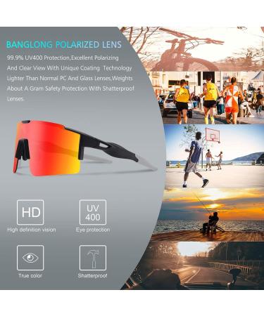 Banglong Polarized Sunglasses - Men's & Women's UV 400 Protection with 3 Interchangeable Lenses for Outdoor Sports Cycling Running & Golf - Black/Red - Buy Online on GoSupps.com