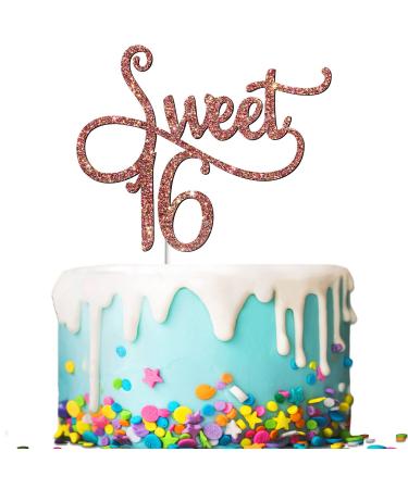 Tenhaisi Glittery Rose Gold Sweet 16 Cake Topper Happy 16 Birthday Party Supplies Sweet 16 Wedding Anniversary Party Decorations Cheers to 16 Party Supplies