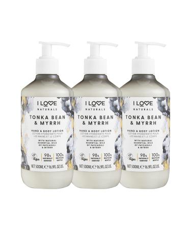 I LOVE Naturals Tonka Bean and Myrrh Hand and Body Lotion - Moisturizing Body and Hand Cream for Dry Skin - Coconut Oil and Shea Butter - 3 pc