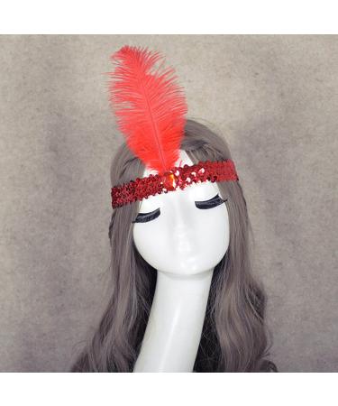 Tseenyi Elastic sequins headband hair band Boho sequins feather headboard hair tie jewelry for women and girls Christmas stage performance (red)