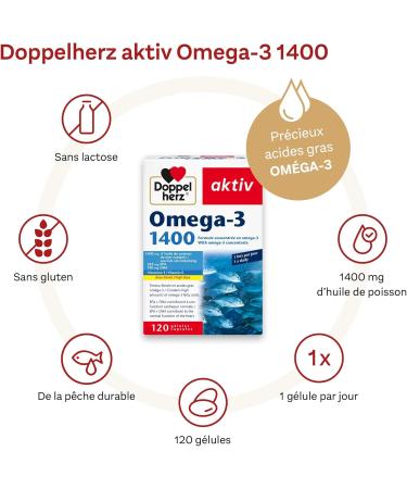 Doppelherz Omega-3 1400 High content of Omega 3 fatty acids EPA and DHA & Vitamin E For good heart function Sea fish oil 120 capsules - Buy Online on GoSupps.com