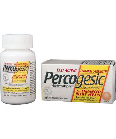 Percogesic Original Strength, Acetaminophen and Diphenhydramine | Aspirin-Free | 90 Tablets | Pack of 4