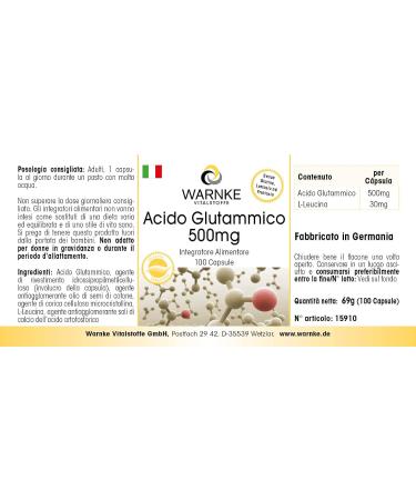 Glutamic Acid 500mg - 100 Capsules | Warnke Vitalstoffe - High-Quality Amino Acid Supplement - Buy Online on GoSupps.com