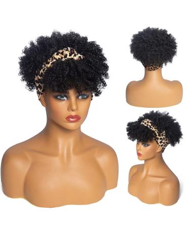Leopard headband scarf wig headband wigs for black women curly kinky afro wig synthetic turban head wrap High puff wig (leopard headband natural black perplace