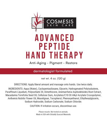Cosmesis Skin Care Advanced Peptide Hand Therapy Rejuvenating Hydrating & Smoothing Formula with 6 Natural Compounds for Even Skin Tone & Youthful Appearance - 4 Oz - Buy Online on GoSupps.com