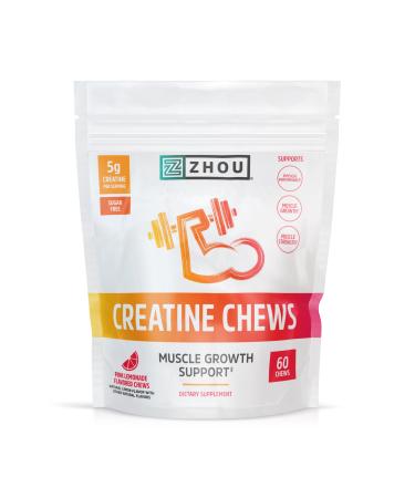 Zhou Nutrition Creatine Monohydrate Chewables 5g for Men & Women Sugar Free Organic Non GMO Pink Lemonade 60 Creatine Gummies