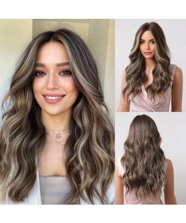 HAIRCUBE Brown Curly Wigs for Women with Middle Parting Synthetic Hair Wig with Highlights Brown with Highlights