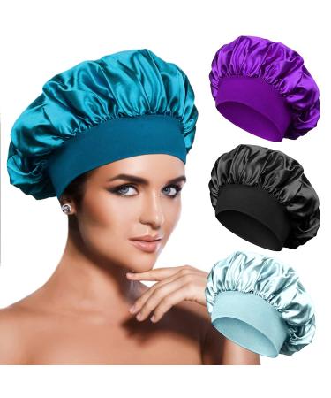 4 Pcs Satin Bonnets Silky Sleep Caps Stretchy Wide Band Hair Bonnet for Black Women with Long Wavy Curly Braid Hair (Set A)
