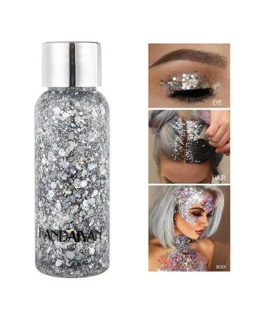 Mermaid Sequins Body Glitter Gel, Make Up Long Lasting Glitter for Body Face Hair Eyeshadow, Music Festival Party Carnival Long Lasting Face Glitter, No Glue Needed and Easy to Remove. (Silver)