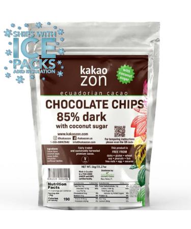 KakaoZon 85% Dark Chocolate Chips with Coconut Sugar | Gluten-Free | Vegan | Non-GMO | Free of all major allergens | Directly Traded | 2.2 lbs (1 kg) 85% Dark Chocolate Chips with Coconut Sugar 2.2 Pound (Pack of 1)