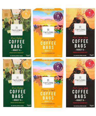 Taylors of Harrogate Coffee Bags 2 X 10 Rich Italian Coffee Bags 2 X 10 Hot Lava Java Coffee Bags and 2 X 10 Flying Start Coffee Bags (Total 6 Packs 60 bags)